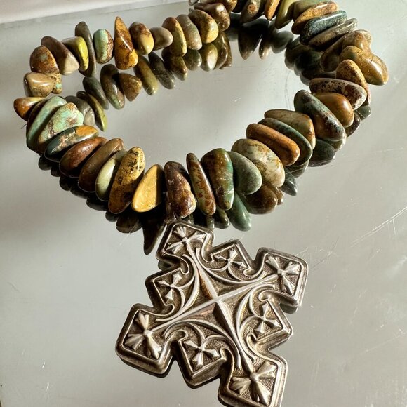 Crescent Valley Turquoise Choker Necklace Sterling Silver Maltese Cross 925 - Picture 3 of 10